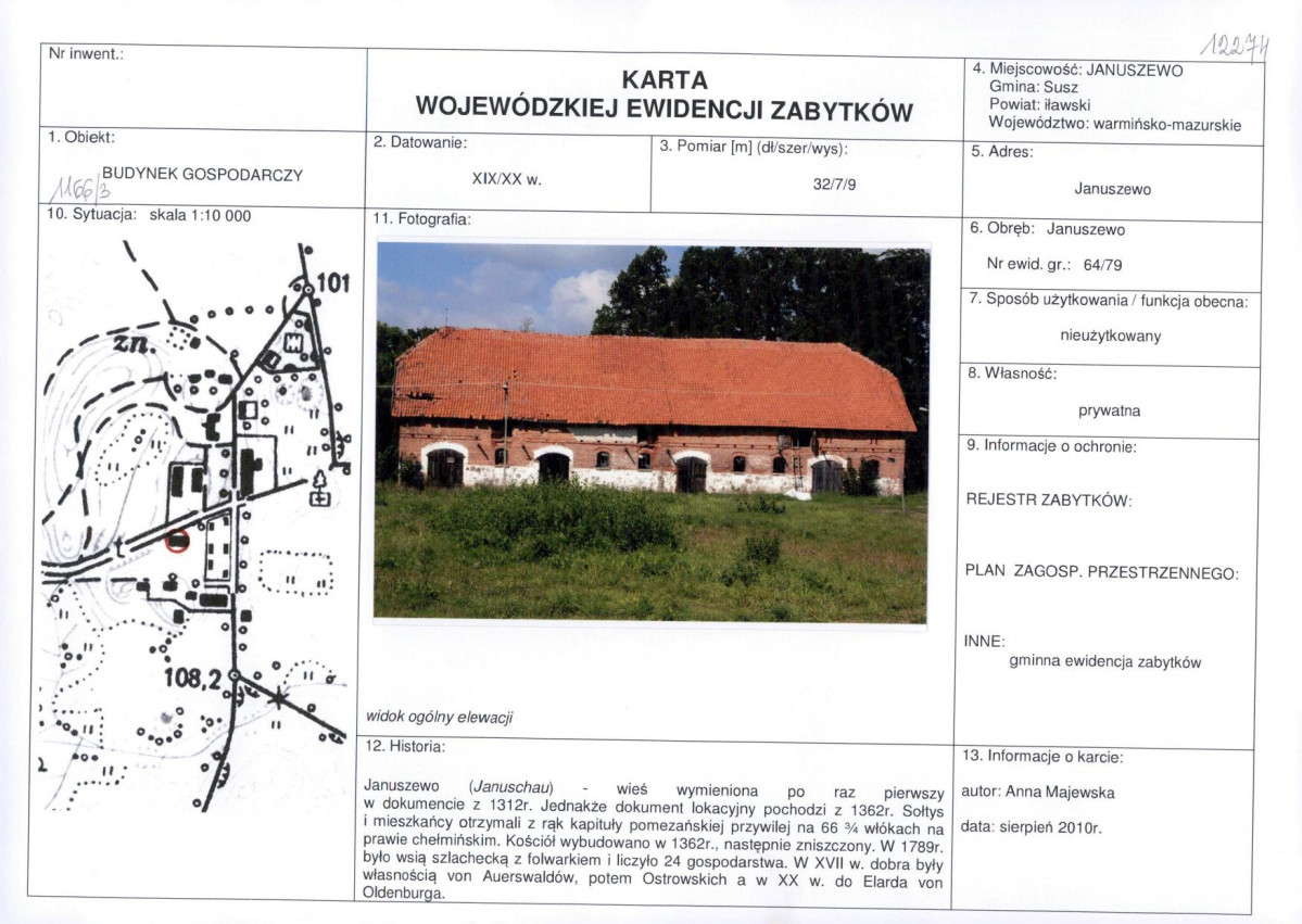 Karta obiektu niewpisanego do rejestru, skan nr 1