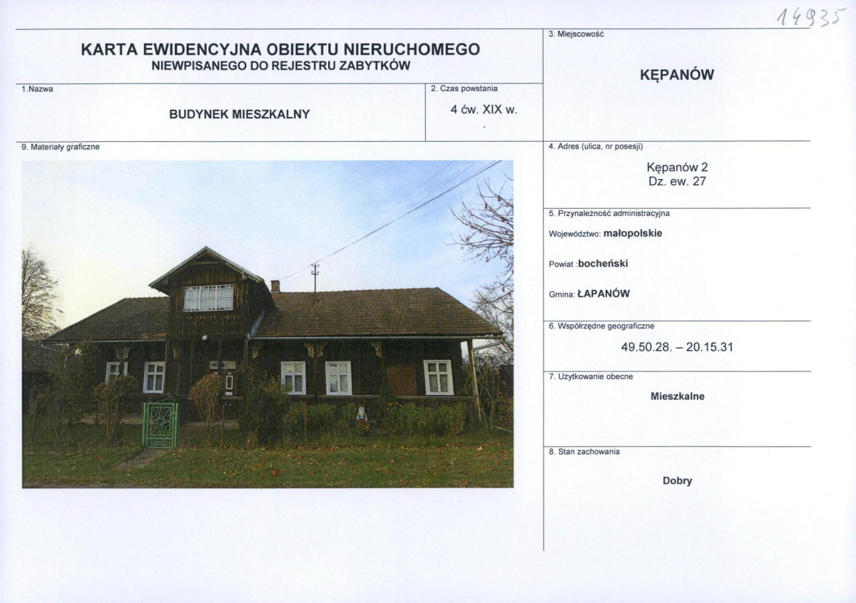 Karta obiektu niewpisanego do rejestru, skan nr 1
