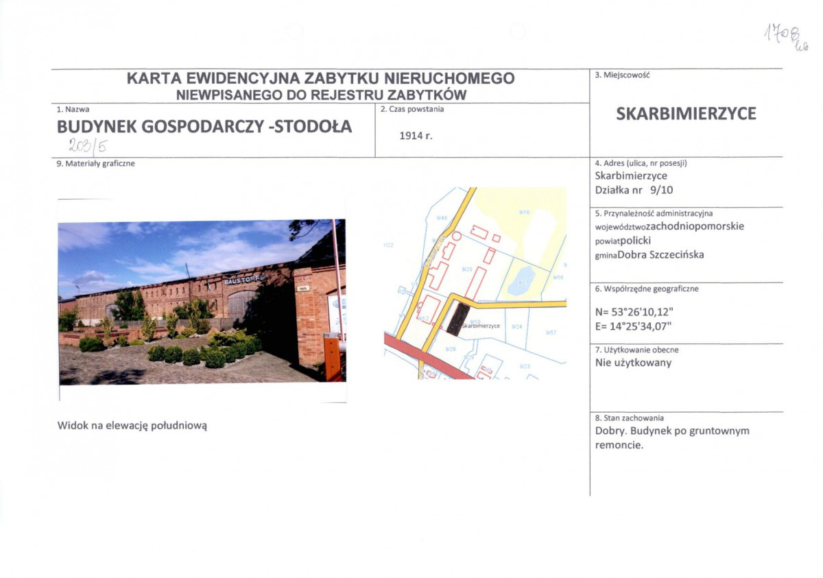 Karta obiektu niewpisanego do rejestru, skan nr 1