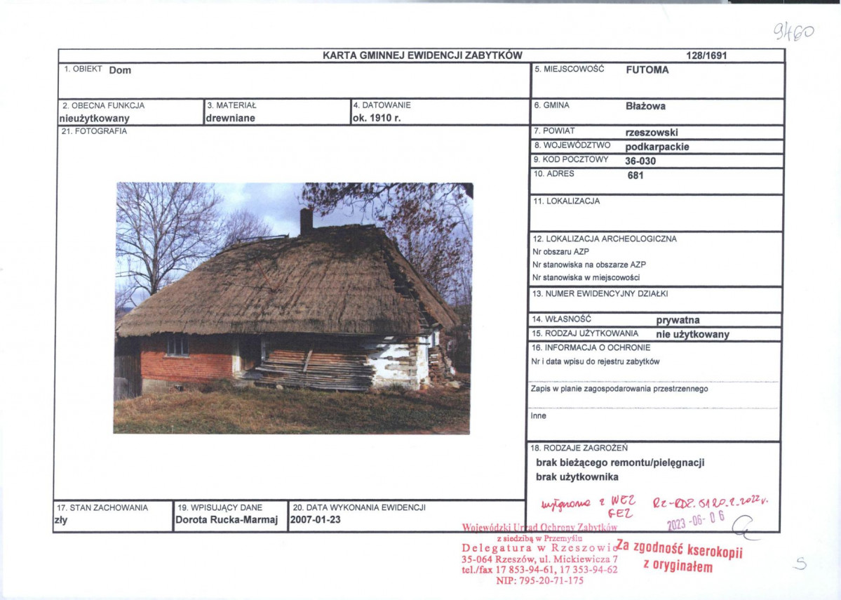 Karta obiektu niewpisanego do rejestru, skan nr 1