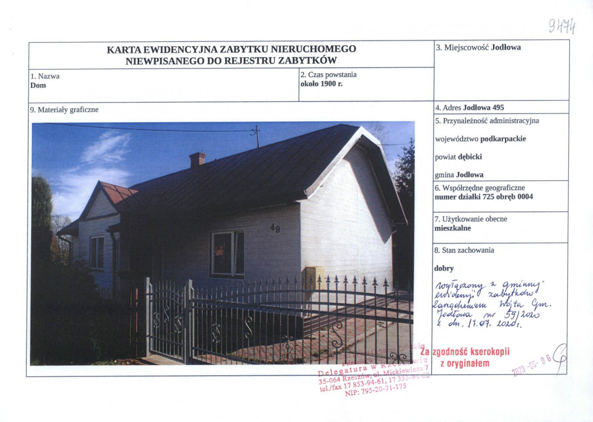 Karta obiektu niewpisanego do rejestru, skan nr 1