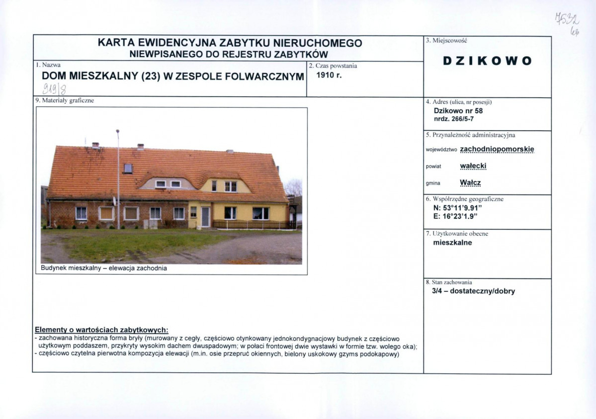 Karta obiektu niewpisanego do rejestru, skan nr 1