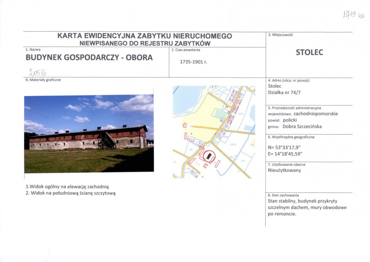Karta obiektu niewpisanego do rejestru, skan nr 1