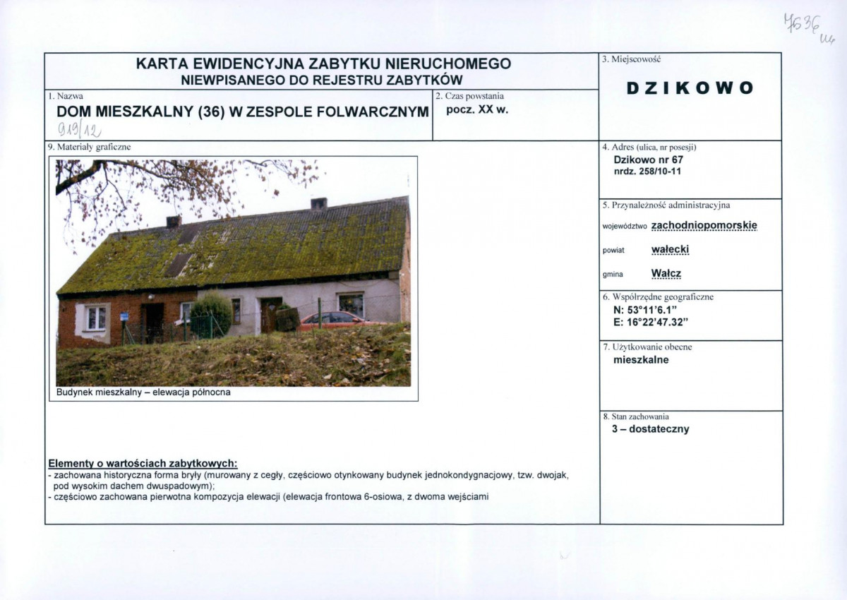 Karta obiektu niewpisanego do rejestru, skan nr 1