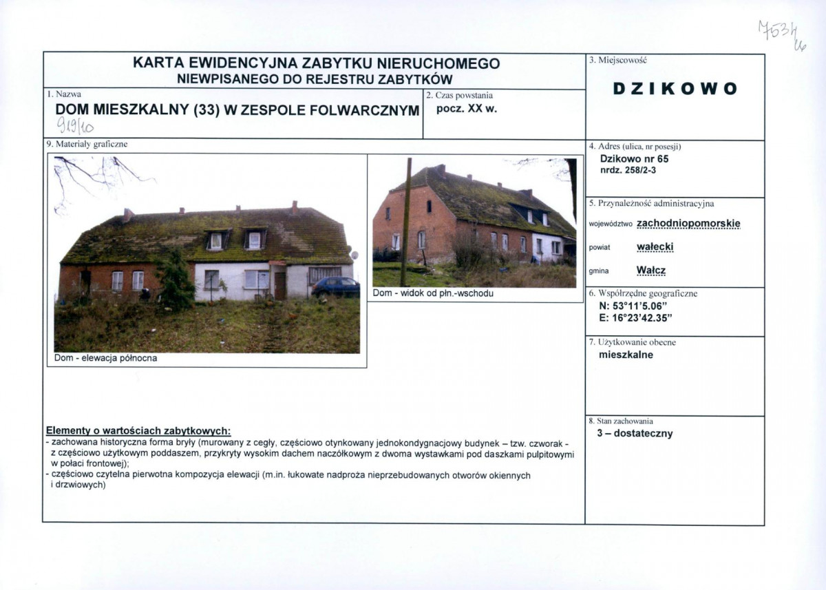 Karta obiektu niewpisanego do rejestru, skan nr 1