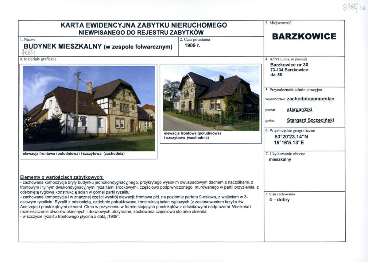 Karta obiektu niewpisanego do rejestru, skan nr 1
