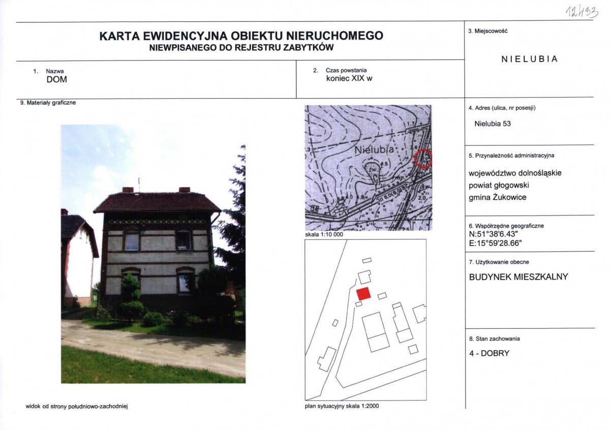 Karta obiektu niewpisanego do rejestru, skan nr 1