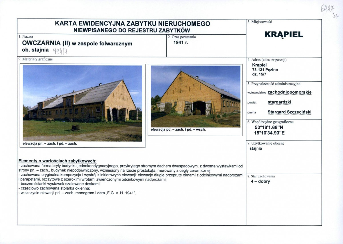 Karta obiektu niewpisanego do rejestru, skan nr 1