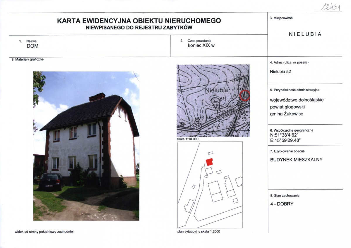 Karta obiektu niewpisanego do rejestru, skan nr 1