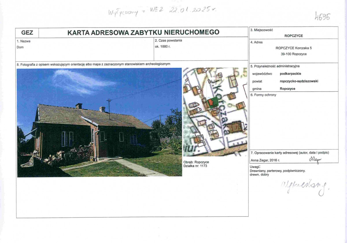 Karta obiektu niewpisanego do rejestru, skan nr 1