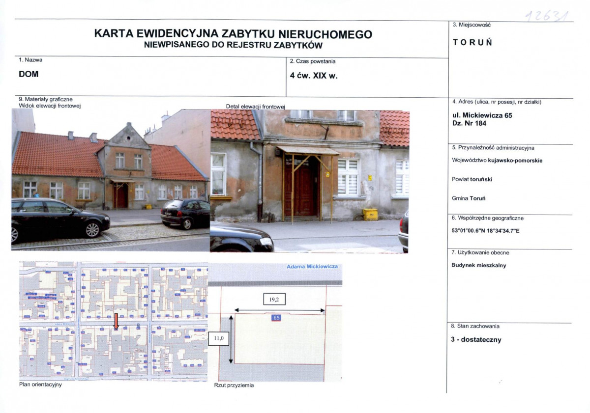 KEZN - Karta obiektu niewpisanego do rejestru, skan nr 1