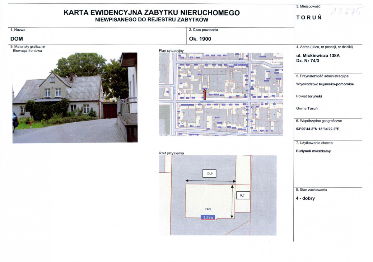 KEZN - Karta obiektu niewpisanego do rejestru, skan nr 1