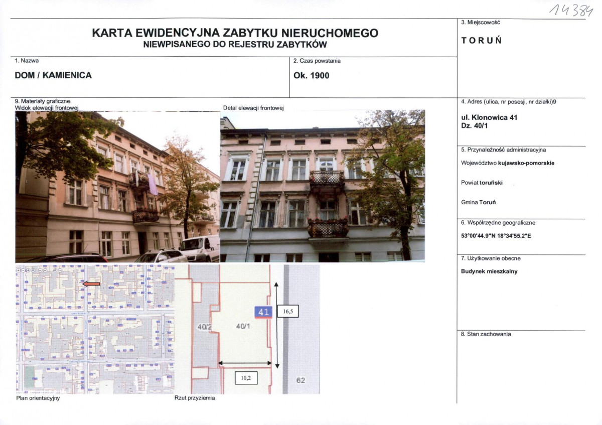 KEZN - Karta obiektu niewpisanego do rejestru, skan nr 1