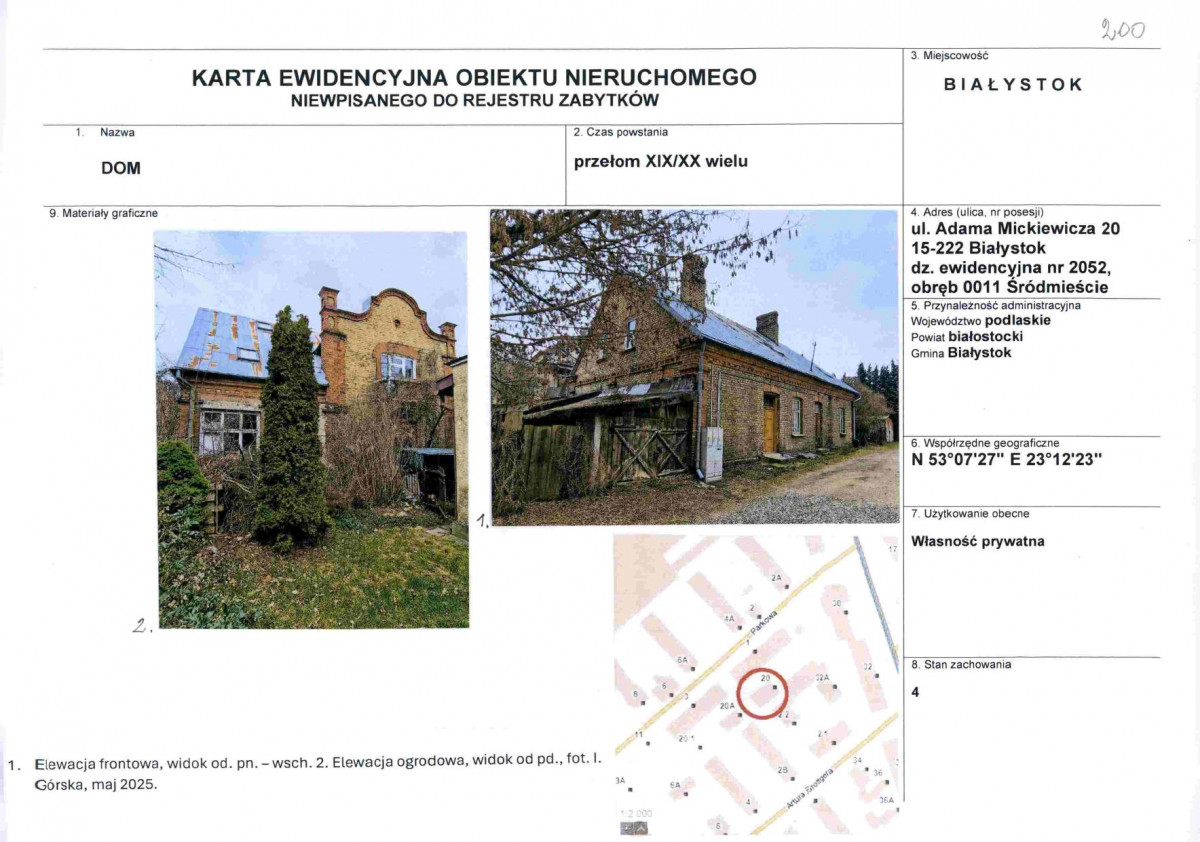 Karta obiektu niewpisanego do rejestru, skan nr 1