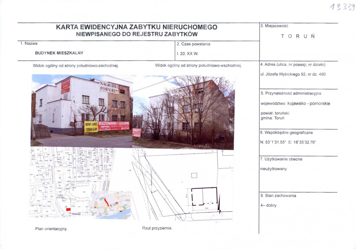 KEZN - Karta obiektu niewpisanego do rejestru, skan nr 1