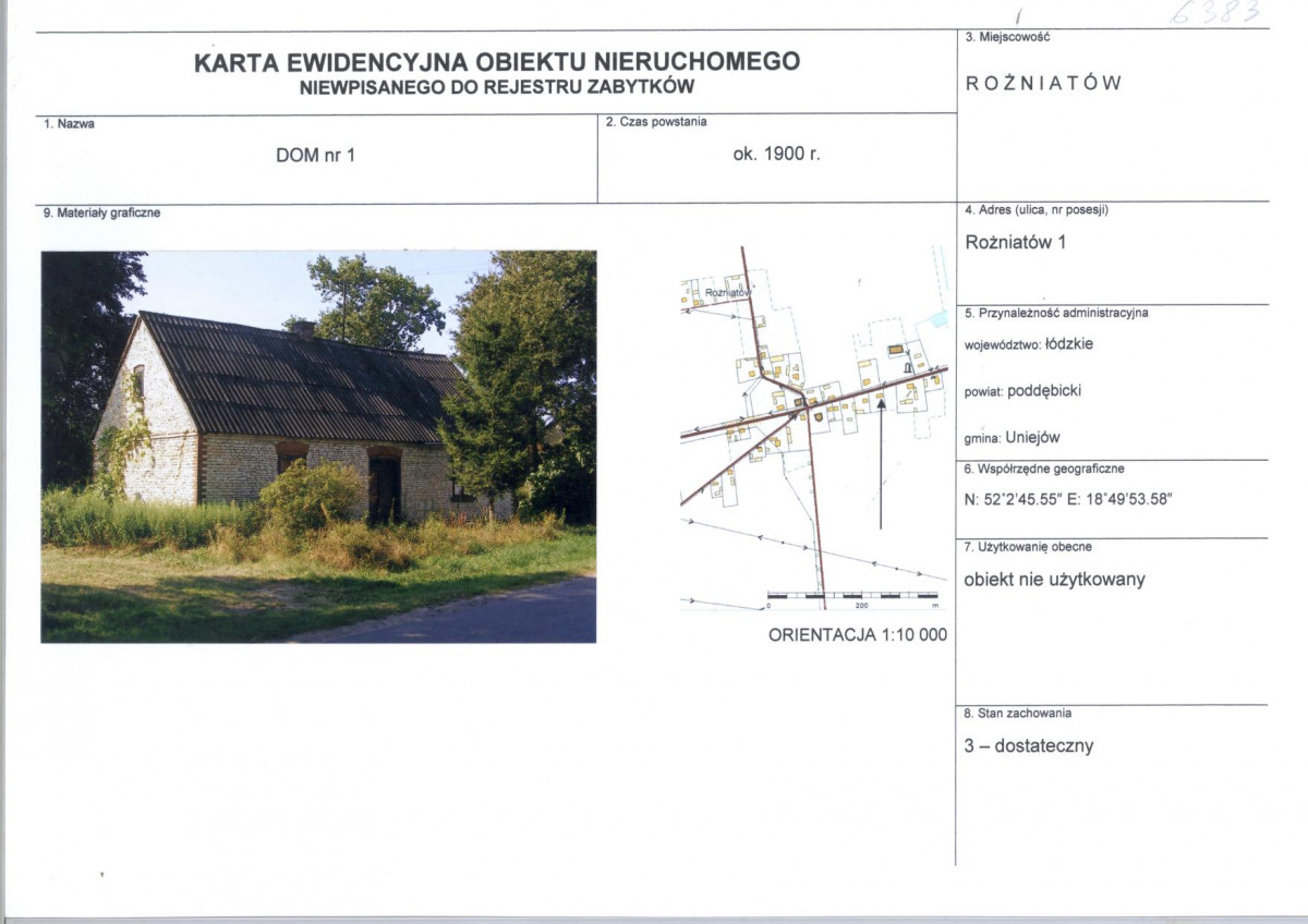 Karta obiektu niewpisanego do rejestru, skan nr 1
